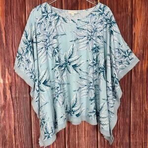Cynthia Rowley Womens Blue Floral Boxy Linen Blend Top Plus Size 1X
